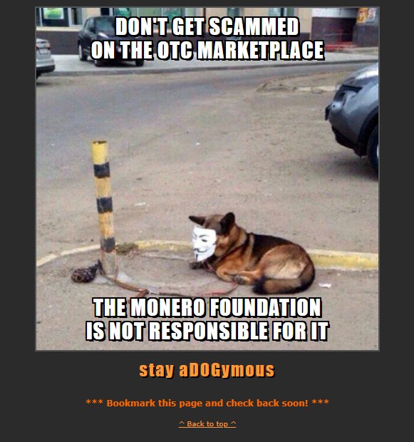 Archived Monero-OTC.com disclaimer: a dog in a Guy Fawkes mask lying on a curb, with meme text