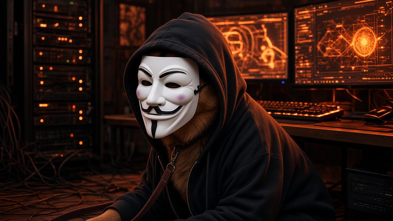 Masked dog in a hoodie at a glowing terminal