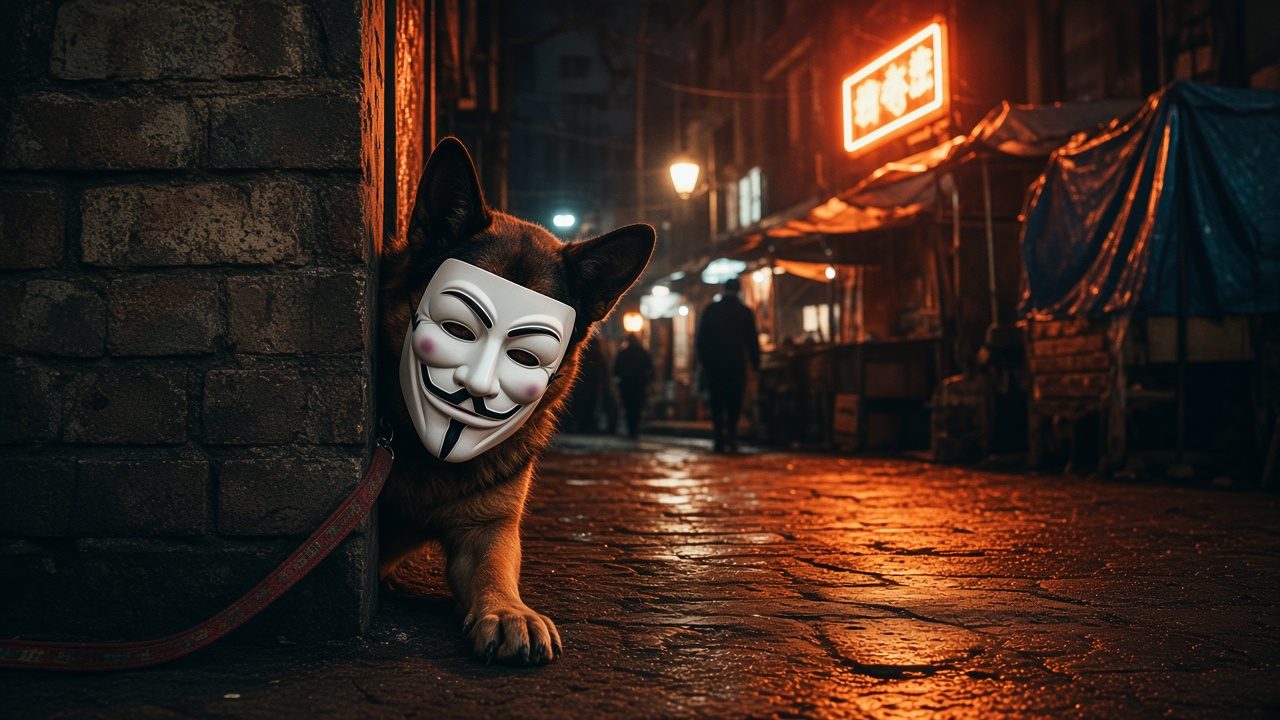 Masked dog peeking around a wall at a neon market